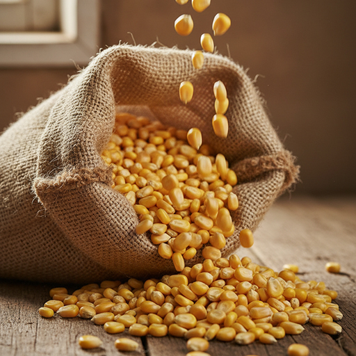 Frische Maiskörner fallen aus einem Sack