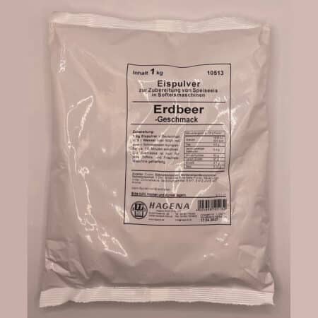 Erdbeer Softeispulver Packung, weiß mit rotem Etikett und Erdbeere daneben, pinkfarbenes Pulver ist sichtbar.