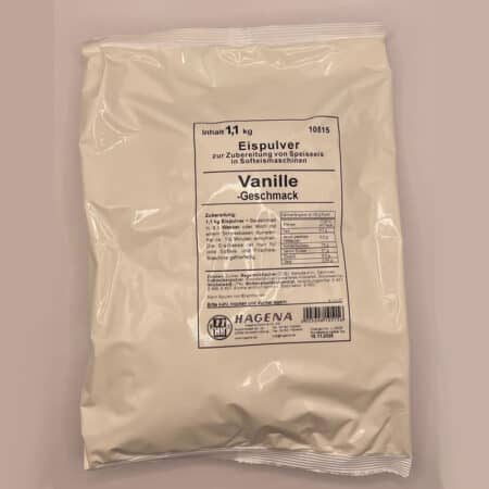 Softeis Pulver Vanille im blauen, wiederverschließbaren 1 kg Beutel, leicht von oben links fotografiert.