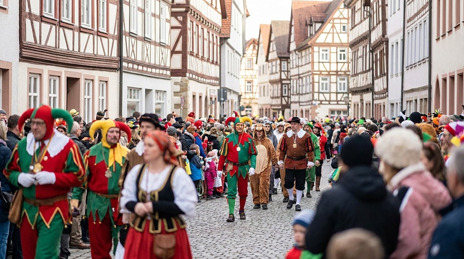 Kostümierte Narren beim Straßenfasching