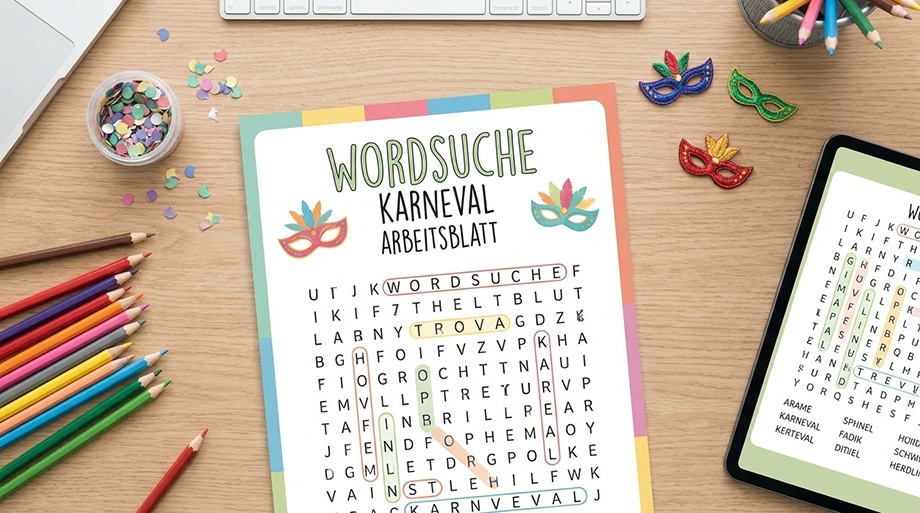 Karneval-Arbeitsblatt mit Wortsuche