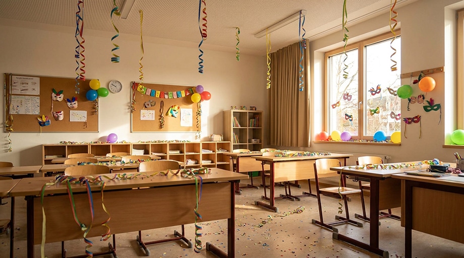Faschingsdeko im Klassenzimmer mit Luftschlangen