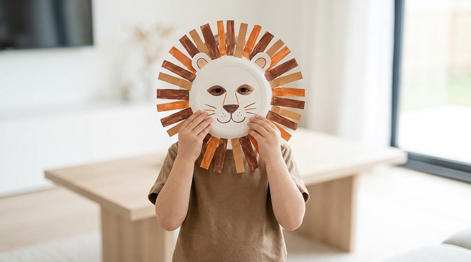 Kind mit gebastelter Löwenmaske