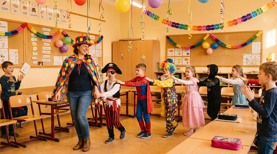 Polonaise mit verkleideten Kindern im Klassenzimmer