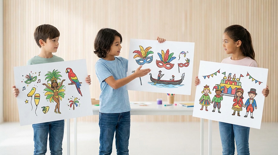 Kinder mit gemalten Karnevalsbildern aus aller Welt