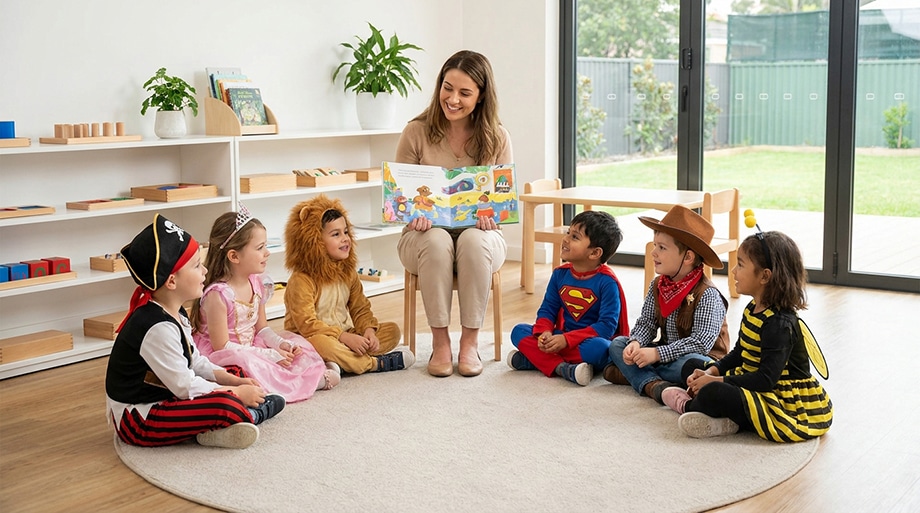 Vorlesen für verkleidete Kinder im Sitzkreis