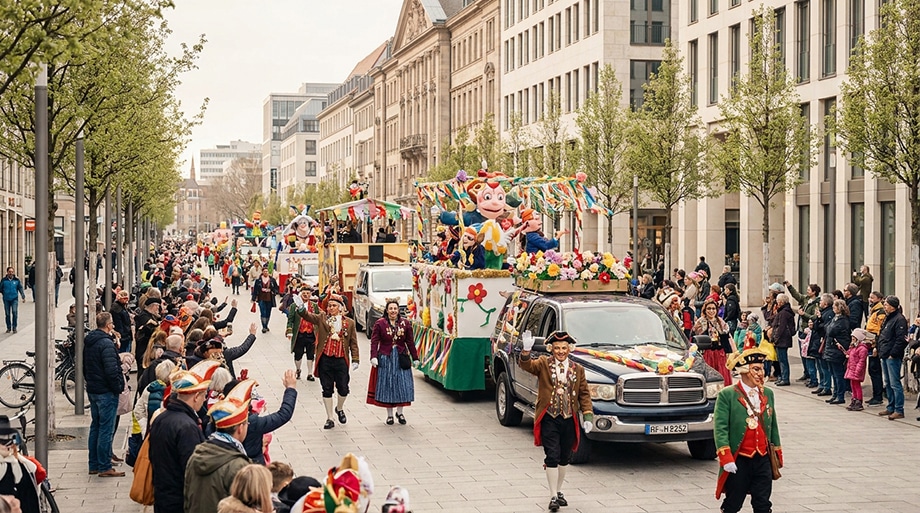 Faschingsumzug mit Festwagen in der Innenstadt