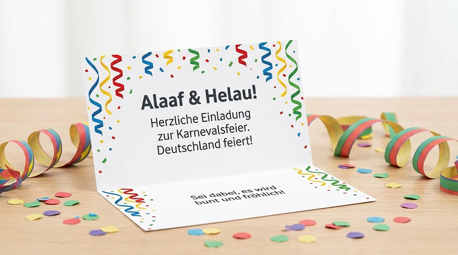 Einladungskarte zur Karnevalsfeier mit Konfetti