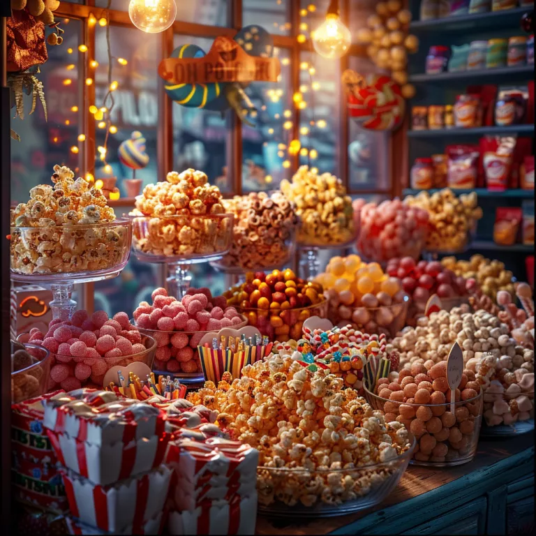 Süßwarenladen mit bunten Bonbons und Popcorn in Schalen.